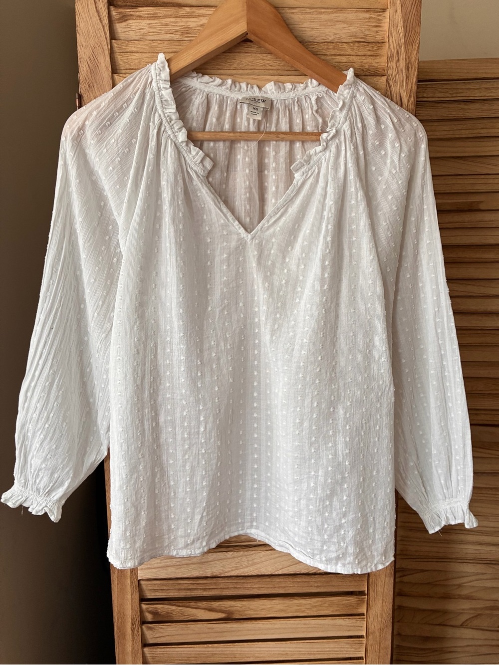 J.Crew White Swiss Dot Ruffle V-Neck Peasant Blouse Long Sleeve Top XS